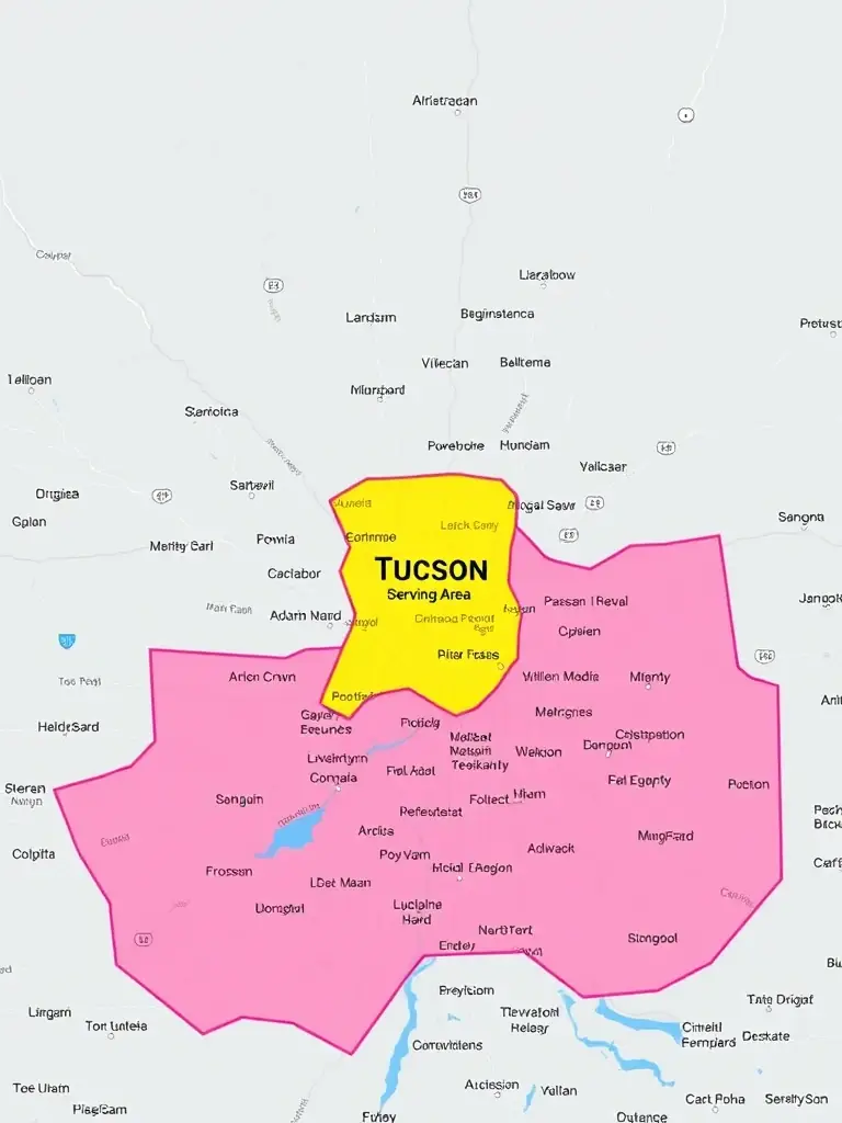 A map of Tucson, Arizona, with a highlighted area showcasing Gila Heating and Cooling's primary service location, emphasizing local expertise.
