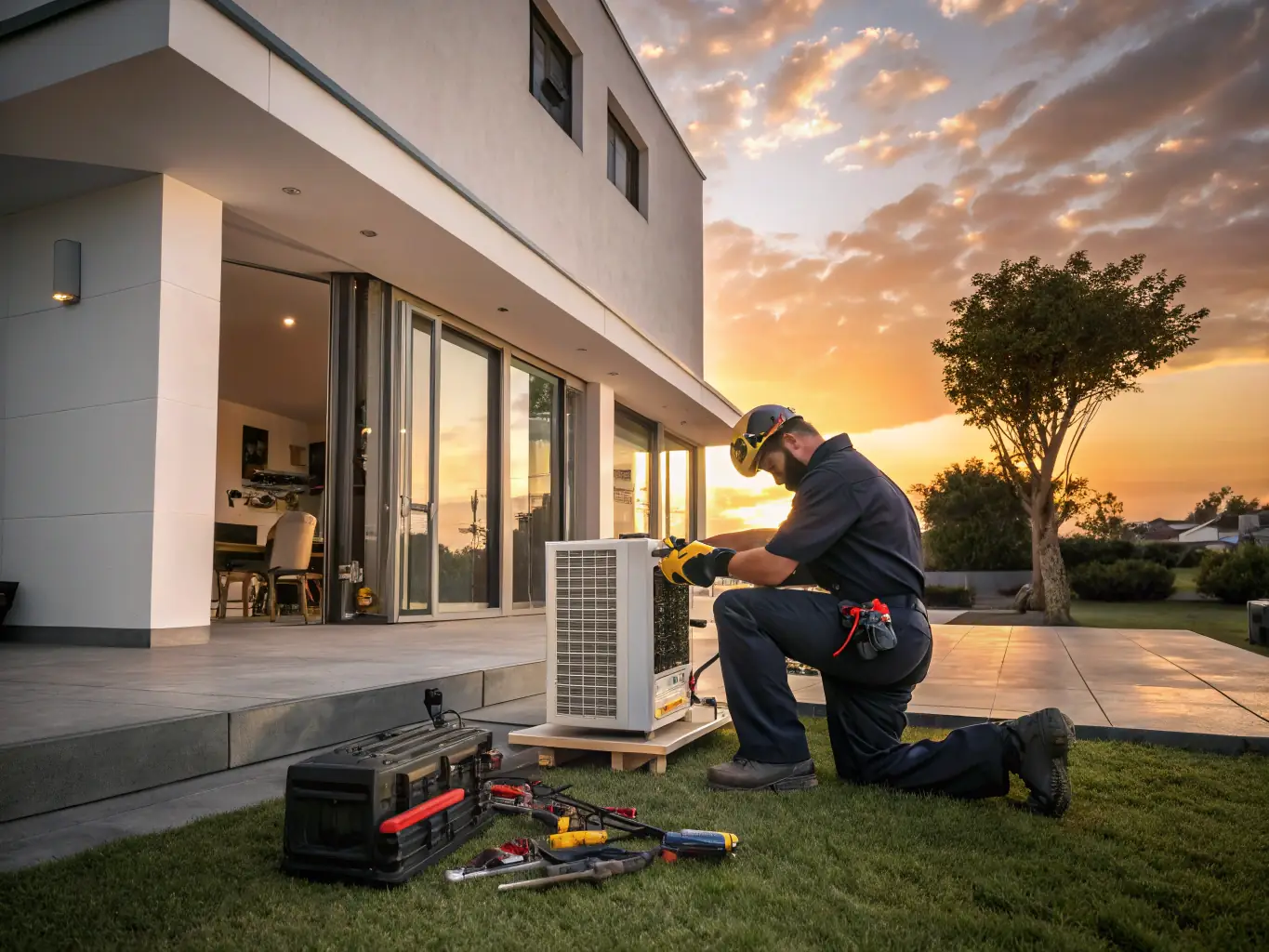 A technician repairing an air conditioning unit outdoors on a hot day, showcasing their expertise and the urgency of the repair.
