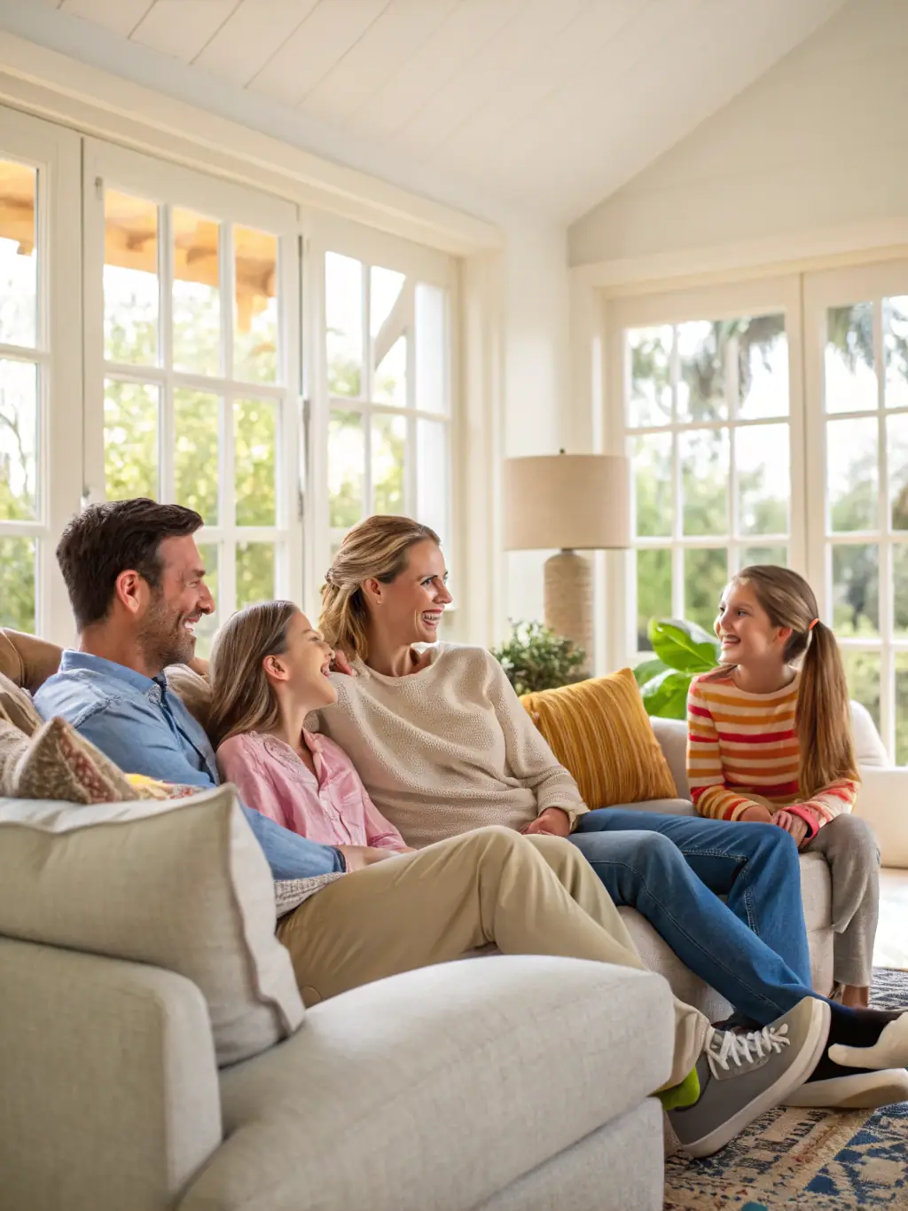 A happy family in a comfortable living room, air vents are visible, suggesting a perfectly climate-controlled environment, representing the comfort Gila Heating and Cooling provides.