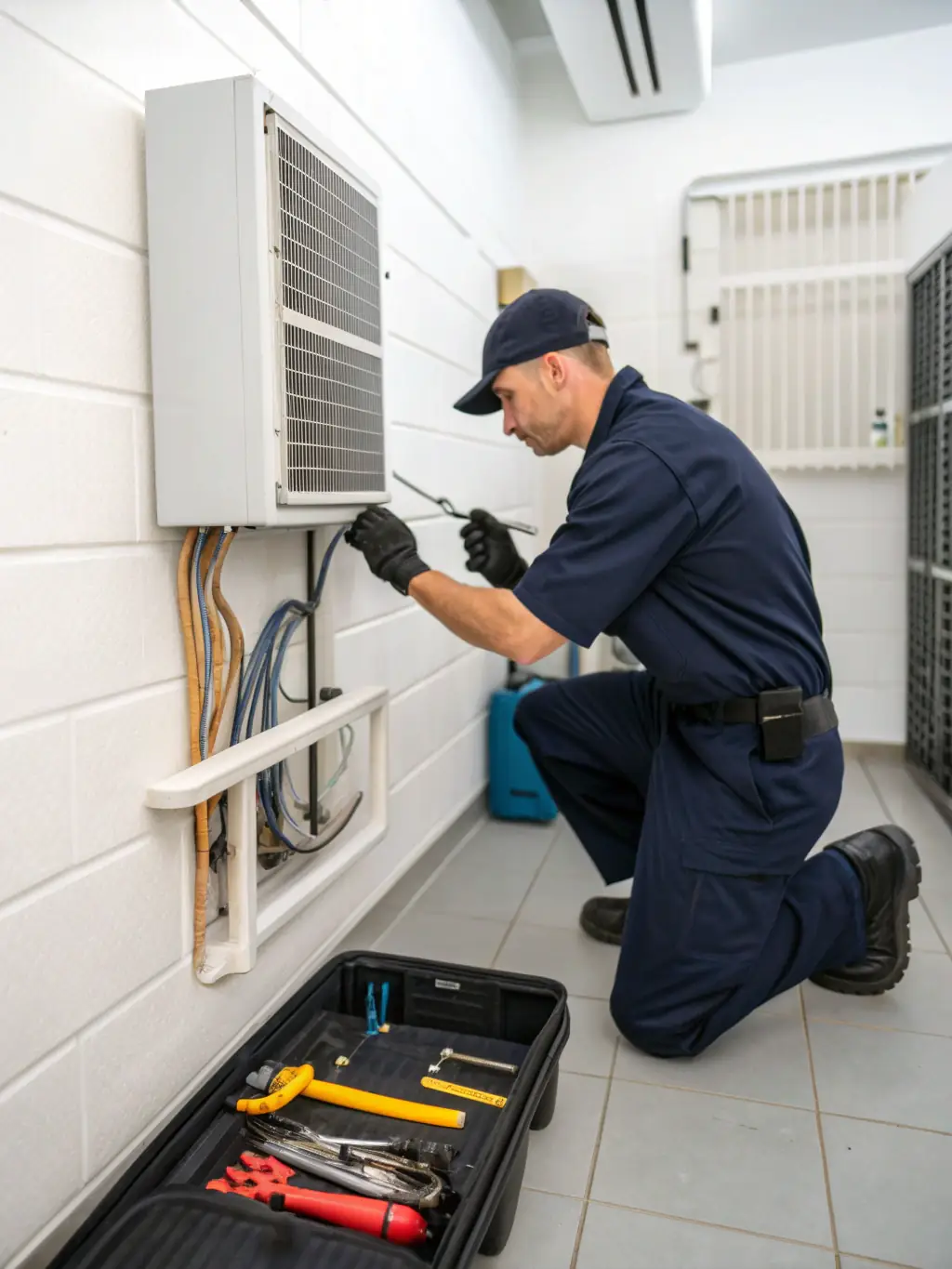 A Gila Heating and Cooling technician diagnosing and repairing an HVAC system in a commercial building in Tucson, Arizona, highlighting their expertise and quick response time.
