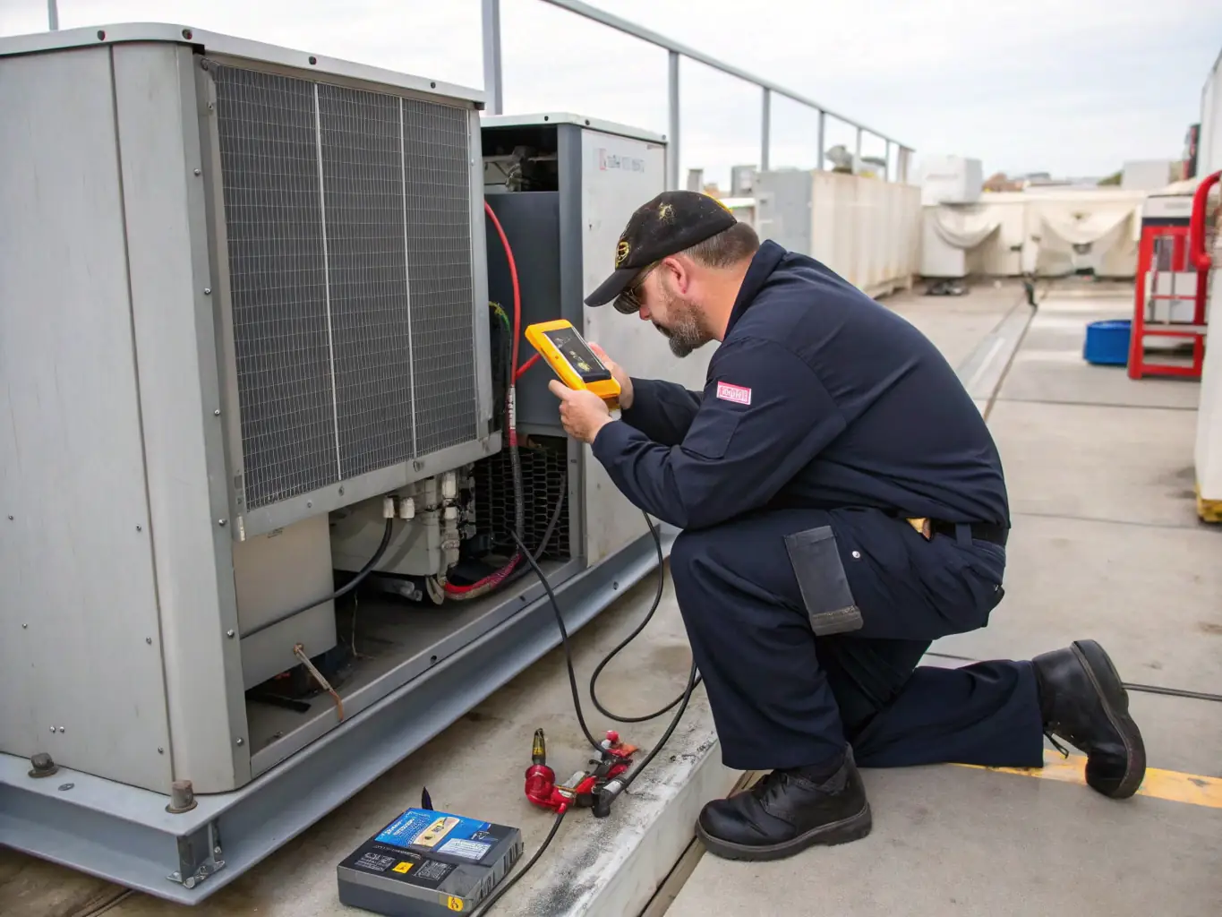 A technician performing routine maintenance on an HVAC system in a clean residential basement, highlighting the importance of regular upkeep.