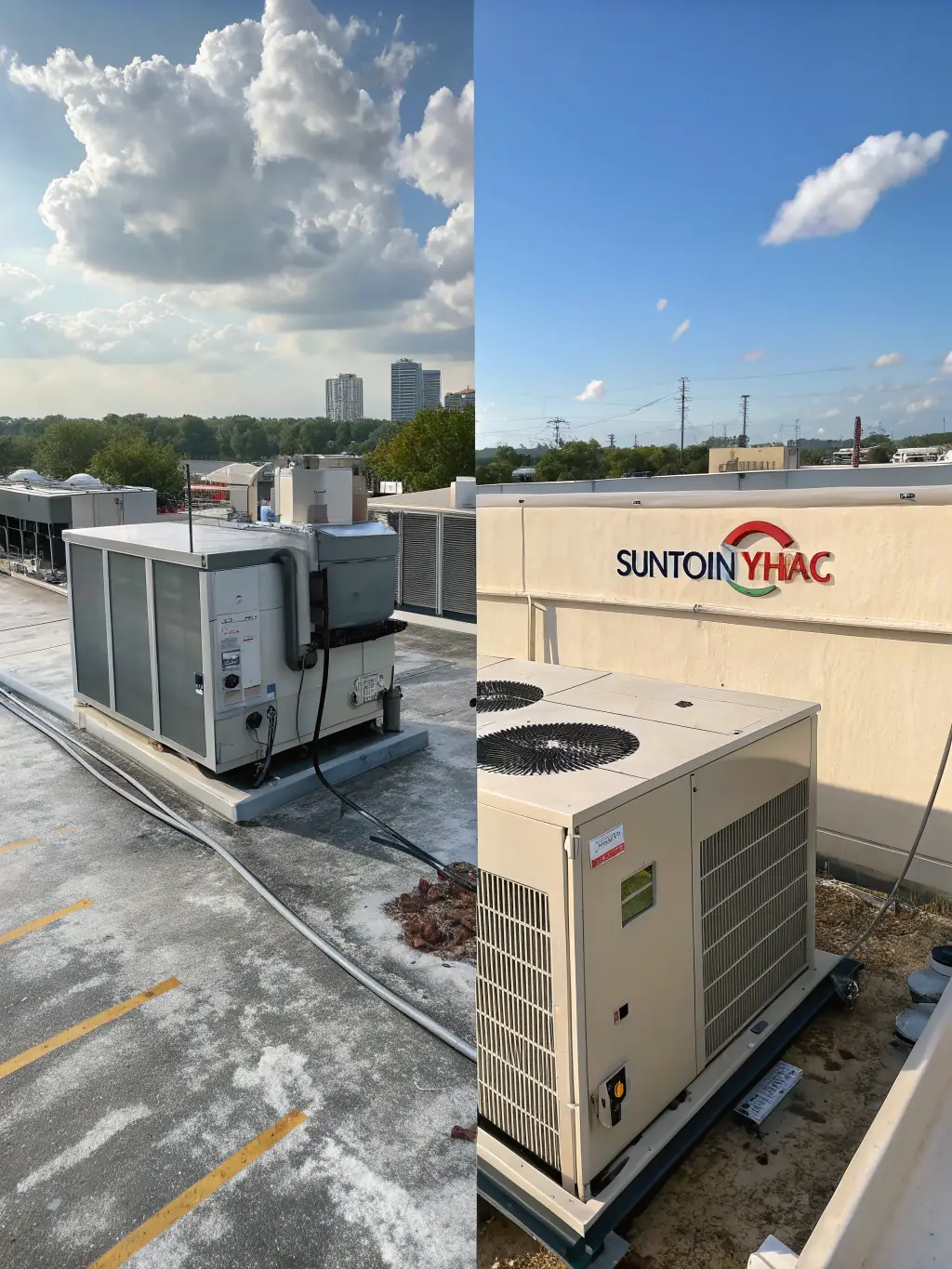 A side-by-side comparison of an old, inefficient HVAC unit and a new, energy-efficient model, illustrating the benefits of upgrading with Gila Heating and Cooling.