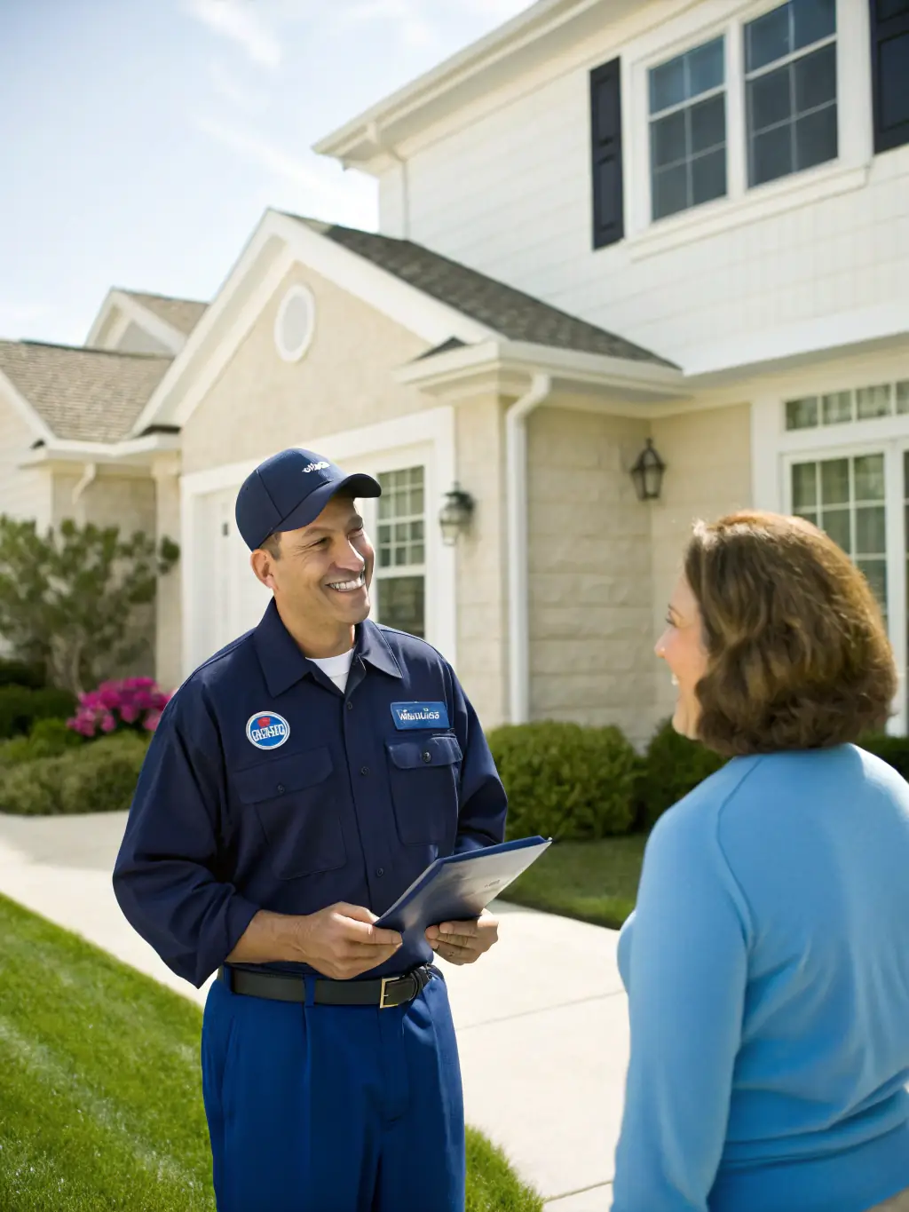 A technician from Gila Heating and Cooling interacting positively with a customer in their home, reinforcing trust and customer satisfaction.
