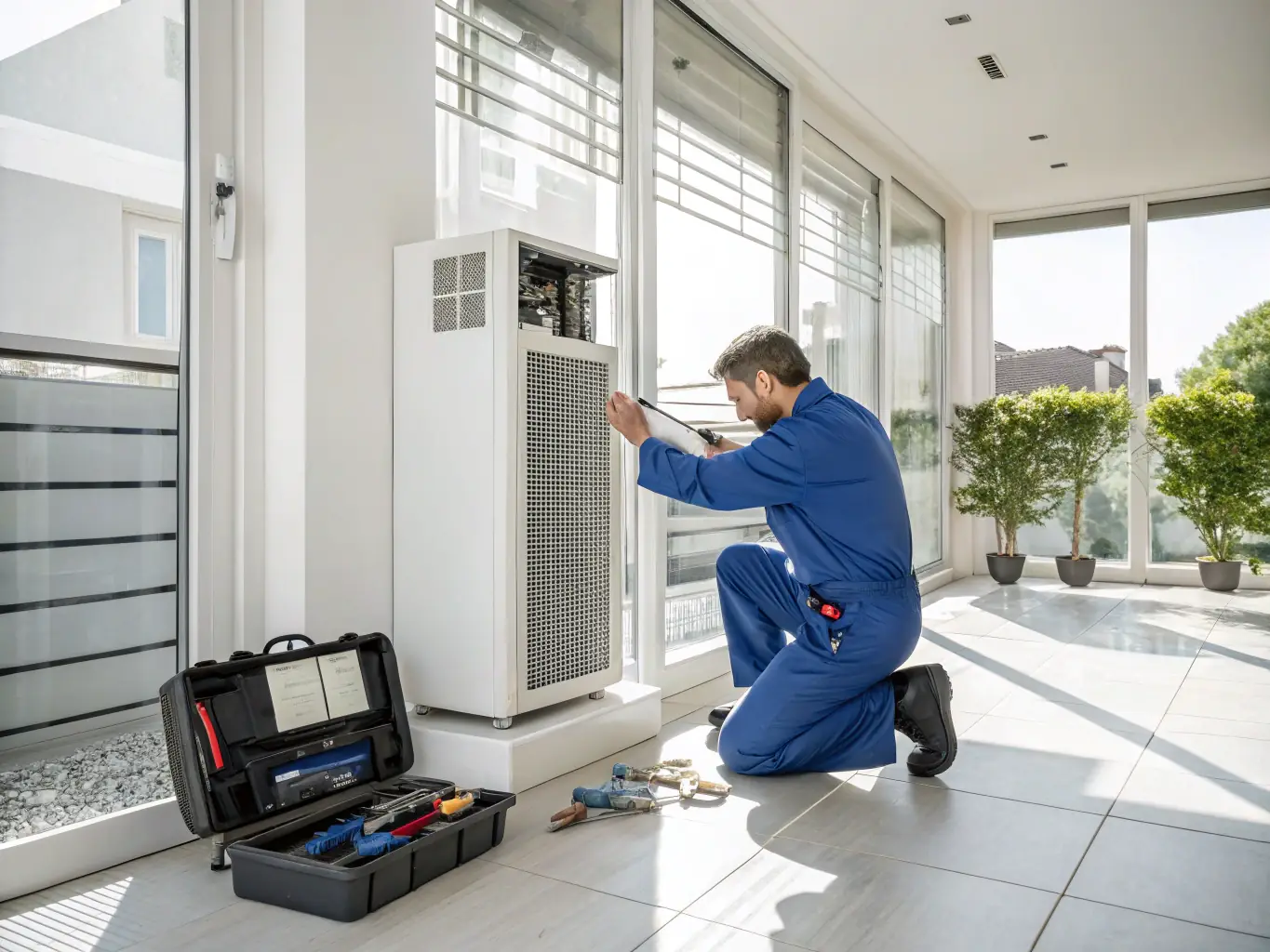 A technician installing a modern, energy-efficient HVAC system in a home, with the homeowner smiling in the background, emphasizing the comfort and satisfaction of a new installation.