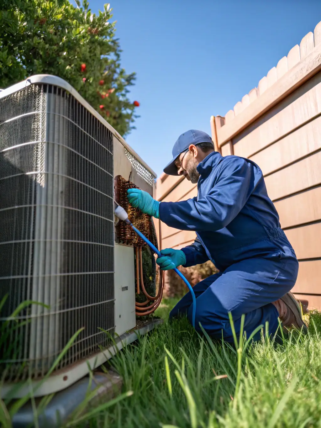 A Gila Heating and Cooling technician performing routine maintenance on an HVAC system in a residential home in Tucson, Arizona, emphasizing the importance of regular upkeep.